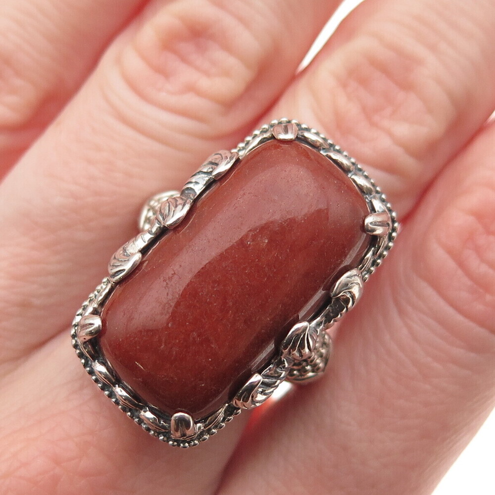 JOY 925 Sterling Silver Vintage Real Red Aventurine Fish Oxidized Ring Size 8.25